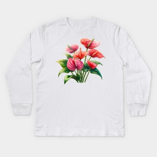 Anthurium Flower - Cartoon Tropical Flower Painting, Red Houseplant Kids Long Sleeve T-Shirt